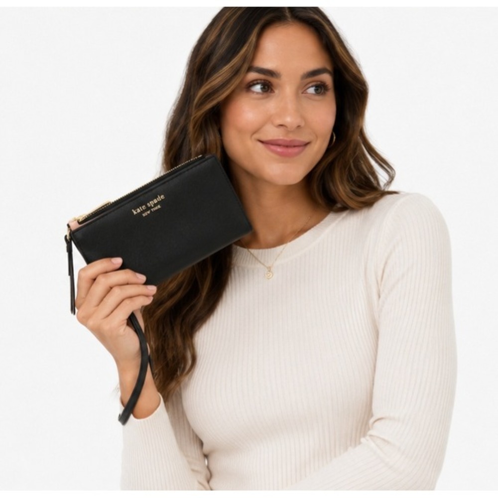 KATE SPADE New York Black Saffiano Leather Wristlet Wallet Pink Interior
